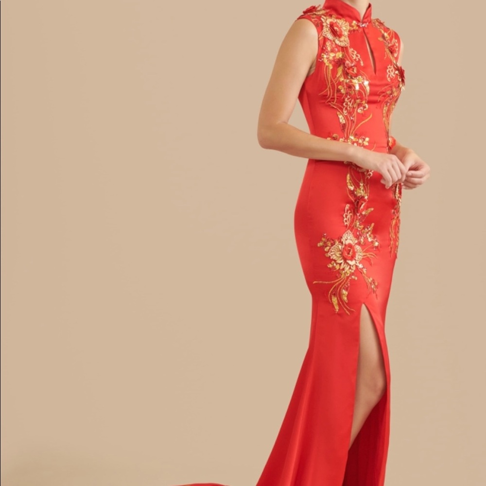 Red formal cheongsam, perfect for prom or wedding.